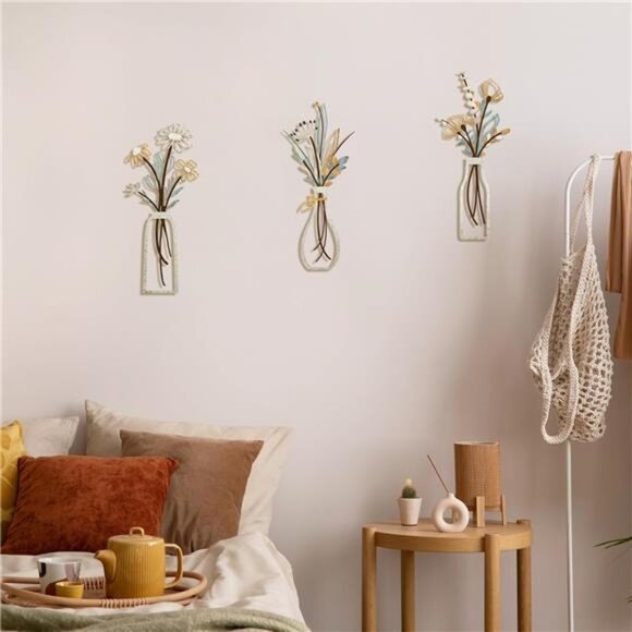 3 Pieces Metal Flowers Wall Arts -Rustic Farmhouse Decor Beige Minimalist Flower - Picture 5 of 7